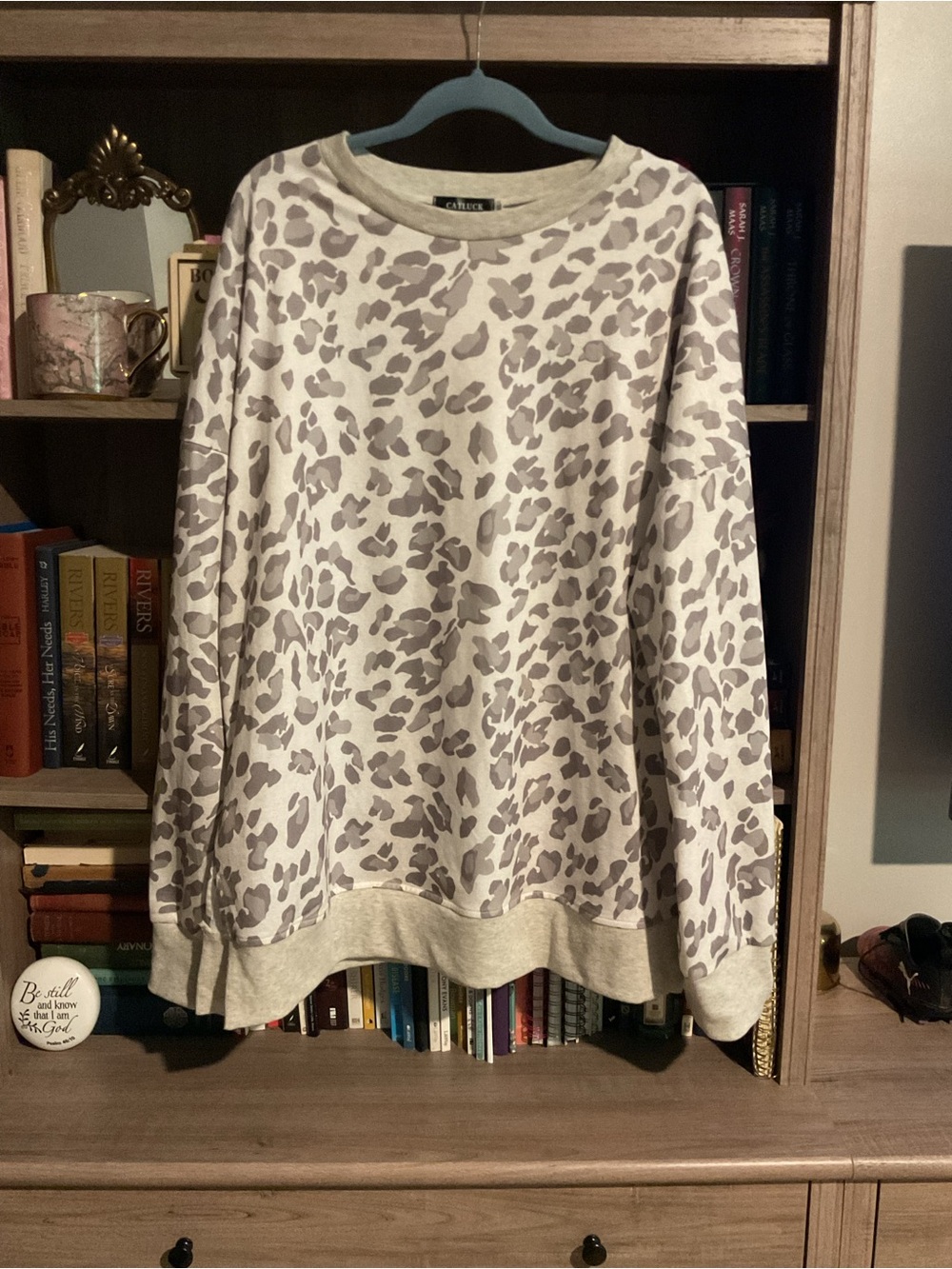 Caslon Ivory Crewneck Sweater with Light Gray Leopard Print